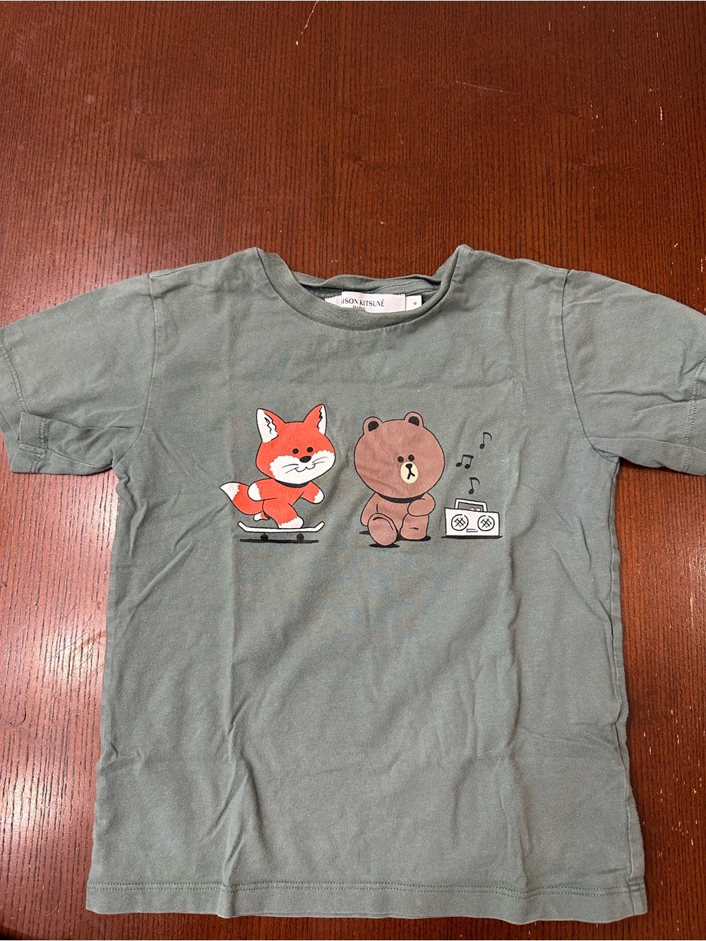MAISON KITSUNE X Line Friends Olive Green Tee with Fox & Bear Cartoon